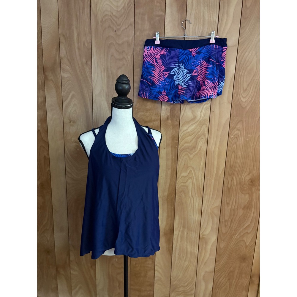 Tempt Me Womens 3 Piece Tankini Swimsuit Tropical Palm Navy Pink XL Boy Shorts